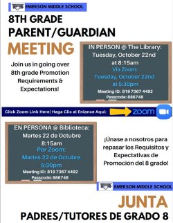 Grade 8 Parent Meeting Oct 22nd / Reunión de padres de octavo grado el 22 de octubre